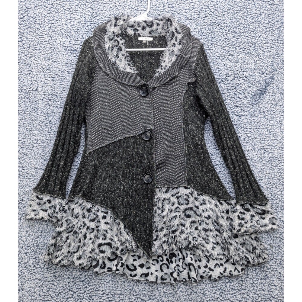 Sioni Patchwork Cardigan Womens M Art to Wear Mixed Media Animal Print Ribbed